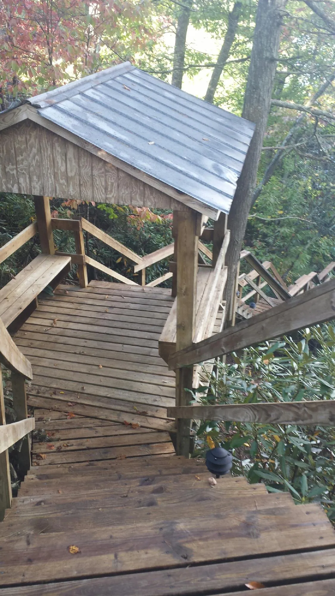 Metal roofed shelter over wooden steps on a wooded walkway — Skylight Repair & Installation work by our crew in Clallam Bay